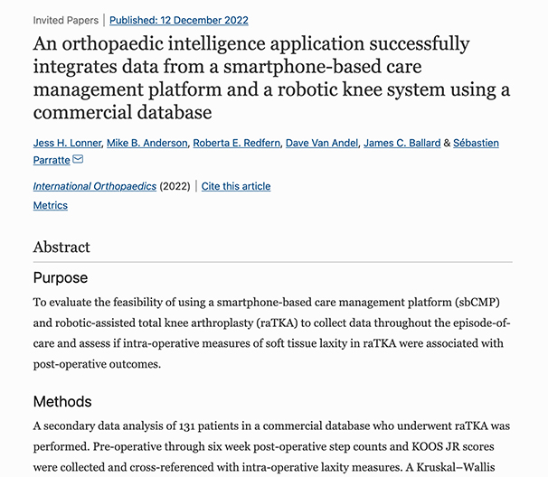 An orthopaedic intelligence application successfully integrates data from a smartphone-based care management platform and a robotic knee system using a commercial database